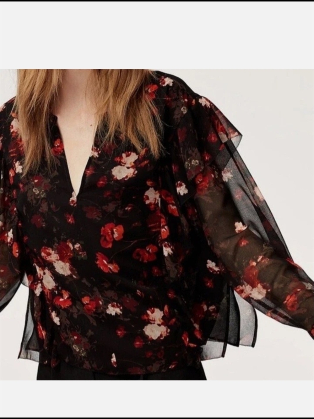 Aritzia Black Floral V-Neck Blouse Red Accents